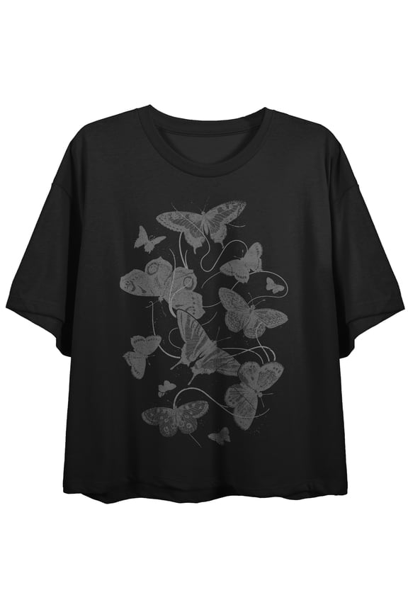 Butterfly Flight Crew Neck Short Sleeve Women's Black Crop T-shirt-XS