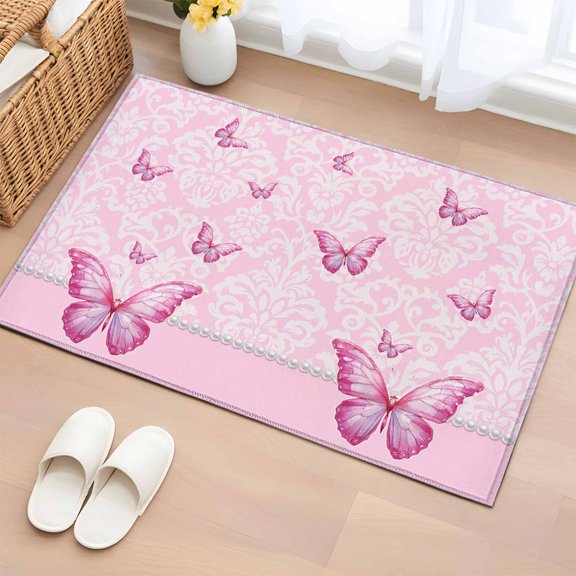 Butterfly Floral 2'x3' Rug for Entryway Front Door Kitchen Sink Area, Pink Floral Texture Butterflies Pearl Low Pile Washable Non Slip Rectangle Area Rug