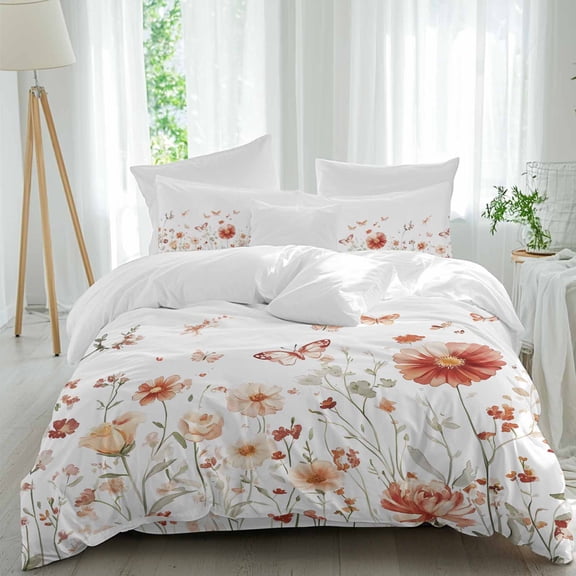 Butterfly Floral 4 Piece Duvet Cover Set Queen Size Watercolor Rustic Plant Soft Bedding Set Comforter Cover, 1 Duvet Cover 1 Flat Sheets and 2 Pillowcases