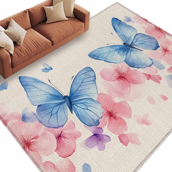 Butterfly Floral Area Rug 8x10ft Watercolor Blue Pink Flower Butterflies Linen Texture Non-Slip Washable Square Rugs Soft Felt Indoor Floor Mat for Bedroom Kitchen Living Room Bathroom