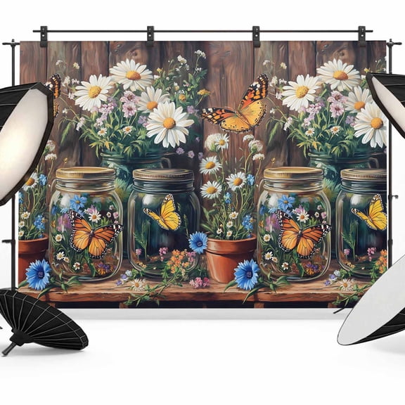 Butterfly Floral Backdrop for Photography,Fabric Photo Background Backdrop,Country Daisy Wildflower Brown Barn Door Photo Booth Background for Portrait Photoshoot Video Wedding Studio Banner 10x8ft