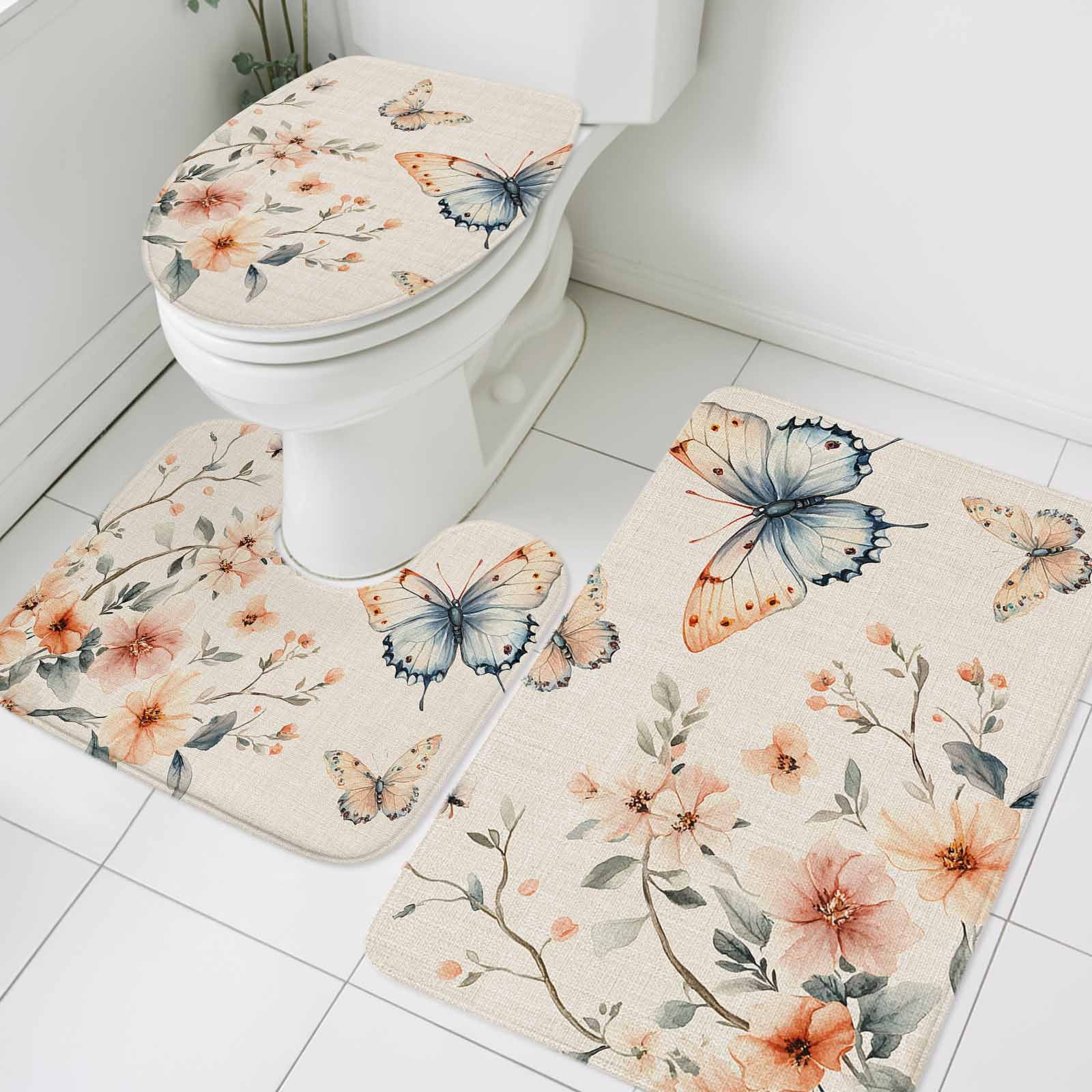 Naturestep Rug Butterfly Butterfly Floral Bathroom Rugs Set Watercolor Blue Brown Butterflies ...