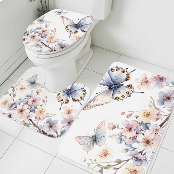 Butterfly Floral Bathroom Rugs Set Watercolor Colorful Butterflies Vintage Green Leaf Non Slip Absorbent Soft Bath Mats 3 Piece Set with Bathroom Rug, U-Shaped Floor Mat, Toilet Seat Cover Small Size