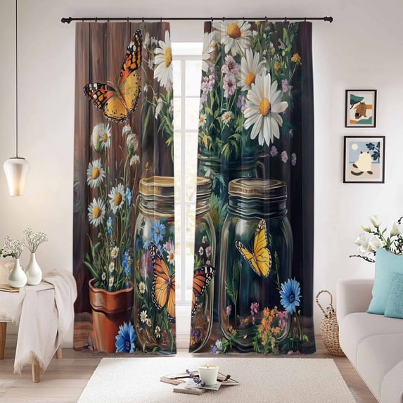 Butterfly Floral Blackout Curtains for Bedroom/Living Room, Pinch Pleated Black Out Curtains, Country Daisy Wildflower Brown Barn Door Room Darkening Window Drapes with Hooks 2 Panels, 59"x70"