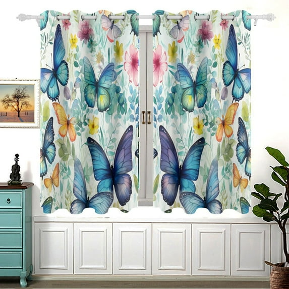 Butterfly Floral Blackout Curtains Window Grommet Insulated Curtain Bedroom Living Room 54"x55" 2 Panels