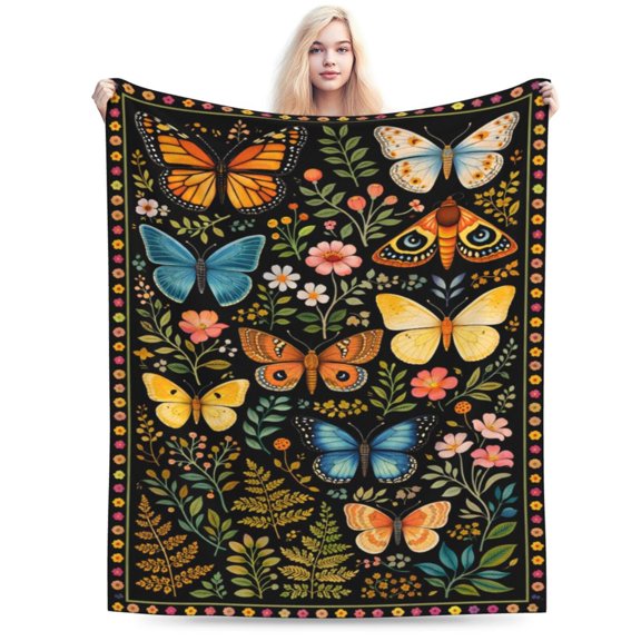Butterfly Floral Blanket Easter Spring Throw Blanket Soft Cozy Flannel Nature Insect Blanket for Home 50x40