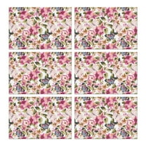 Butterfly Floral Bloom Table Mats, Set of 6 Wrinkle Free Heat Resistant Flax Placemats with Peony Rose and Wildflower Design for Country Spring Summer Dining Decor
