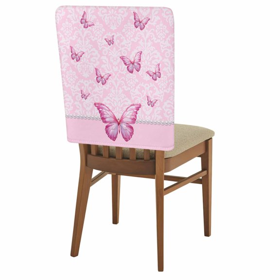 Butterfly Floral Chair Covers Set of 1 Pink Floral Texture Butterflies Pearl Chair Back Covers Stretch Removable Washable Slipcovers Protector for Dining Room Kitchen Party Decor
