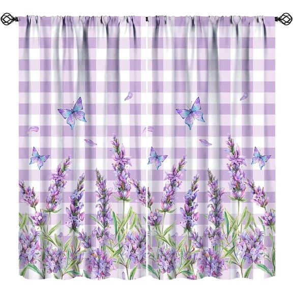 Butterfly Floral Curtains Rural Farmhouse Flowers Lattice Art Printed Blackout Window Treatment for Bedroom Kitchen Cafe Decor Fabric Set 2 Panel 55x63 Inch 80% Shading Rate