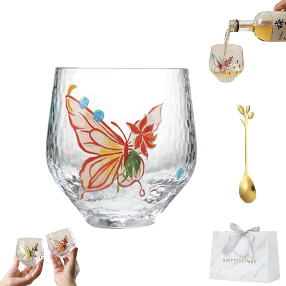 Butterfly Floral Embossed Glass Cup, Nature Mug for Tea Coffee Iced Drinks