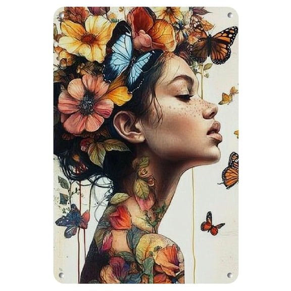 Butterfly & Floral Iron Metal Art Panel, 1 Pc Watercolor Design, Pre-Drilled, Waterproof & Weather Resistant Wall Decor, 8x12 inches