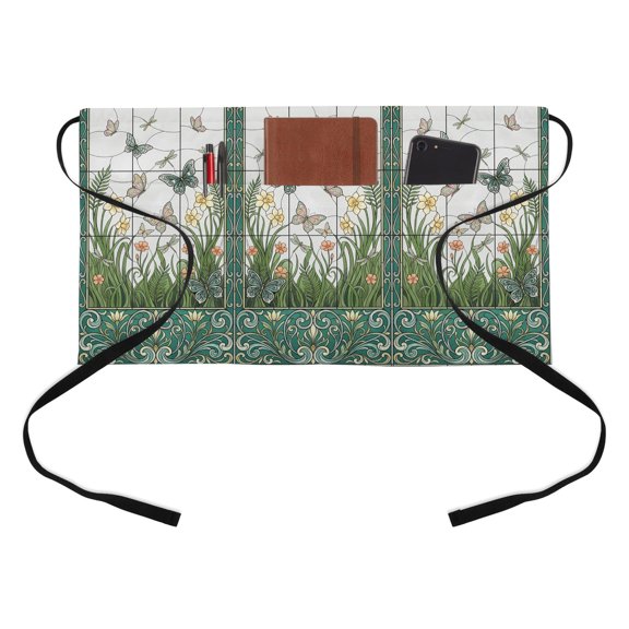 Butterfly Floral Kitchen Restaurant Half Waist Apron, Retro Dragonfly Butterfly Flower Green Glass Window Server Short Apron with 3 Pockets Waterproof Oil Waist Aprons for Women Waitress Waiter