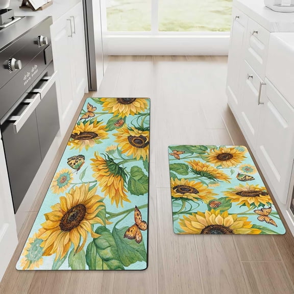 Butterfly Floral Kitchen Rug and mat Set, 2 Flannels Non-Slip Carpet, Soft Comfortable Floor mat, Washable Kitchen, Hallway, Office, Sink, Laundry Room 17" x 59"+17" x 30"