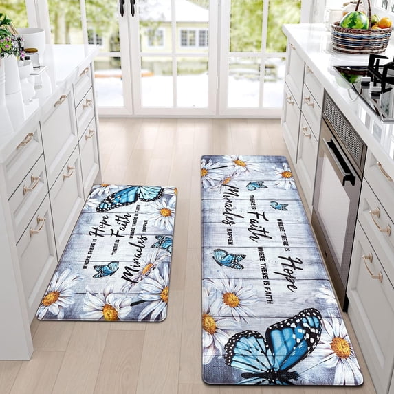 Butterfly Floral Kitchen Rugs 2 Piece Farmhouse Kitchen Mats Cushioned Anti Fatigue, Non Slip Washable Kitchen Mats for Floor White Daisy Comfort Mat for Home Sink, 18'''' x 30'''' + 18'''' x 48''''