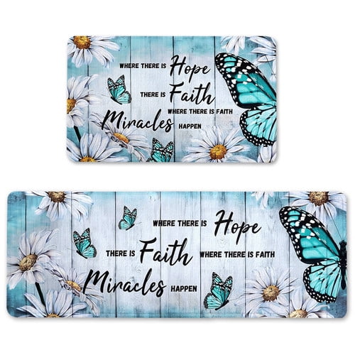 Butterfly Floral Kitchen Rugs Sets of 2 Farmhouse Kitchen Mats Cushioned Anti Fatigue, Non Slip Washable Kitchen Mats for Floor White Daisy Kitchen Floor Mats