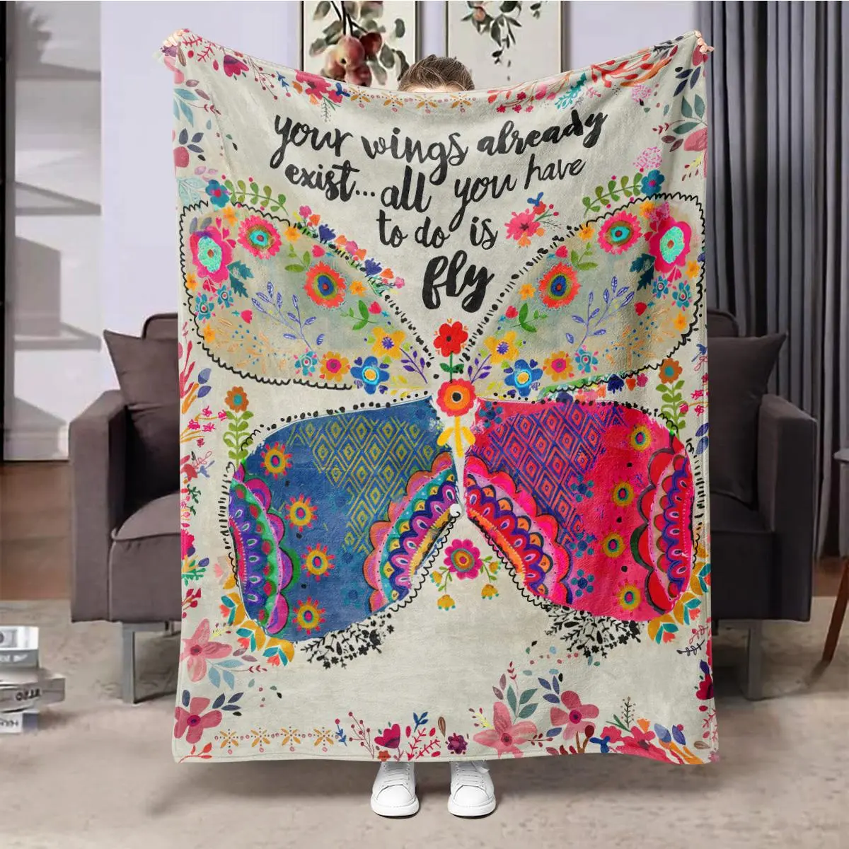 Travel Rug Butterfly & Floral Pattern Blanket, 1 Count Soft Warm Throw Blanket ...