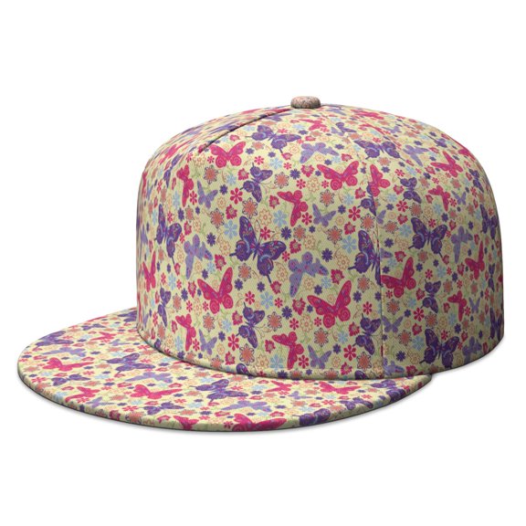 Butterfly & Floral Pattern Snapback Hat - Unisex Flat Bill Cap with Colorful Aesthetic Street Fashion