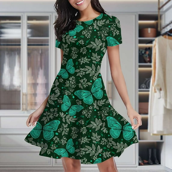 Butterfly Floral Pattern Women's Classic Swing Skater Dress Casual Work Party Cocktail Dresses
