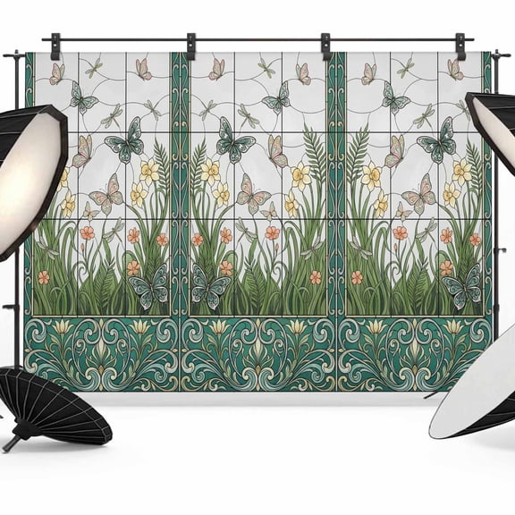 Butterfly Floral Photography Backdrop 7x5FT, Retro Dragonfly Butterfly Flower Green Glass Window Photo Backdrops, Background for Photography Studio Photo Studio Background, Back Drop for Photoshoot