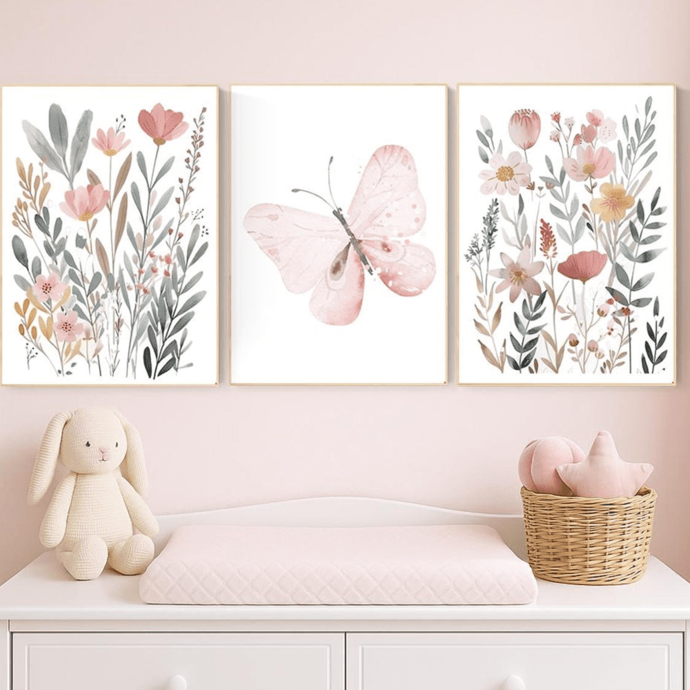 Butterfly Floral Pink Nursery Boho Botanical Poster Set 3 Prints Set 3 ...