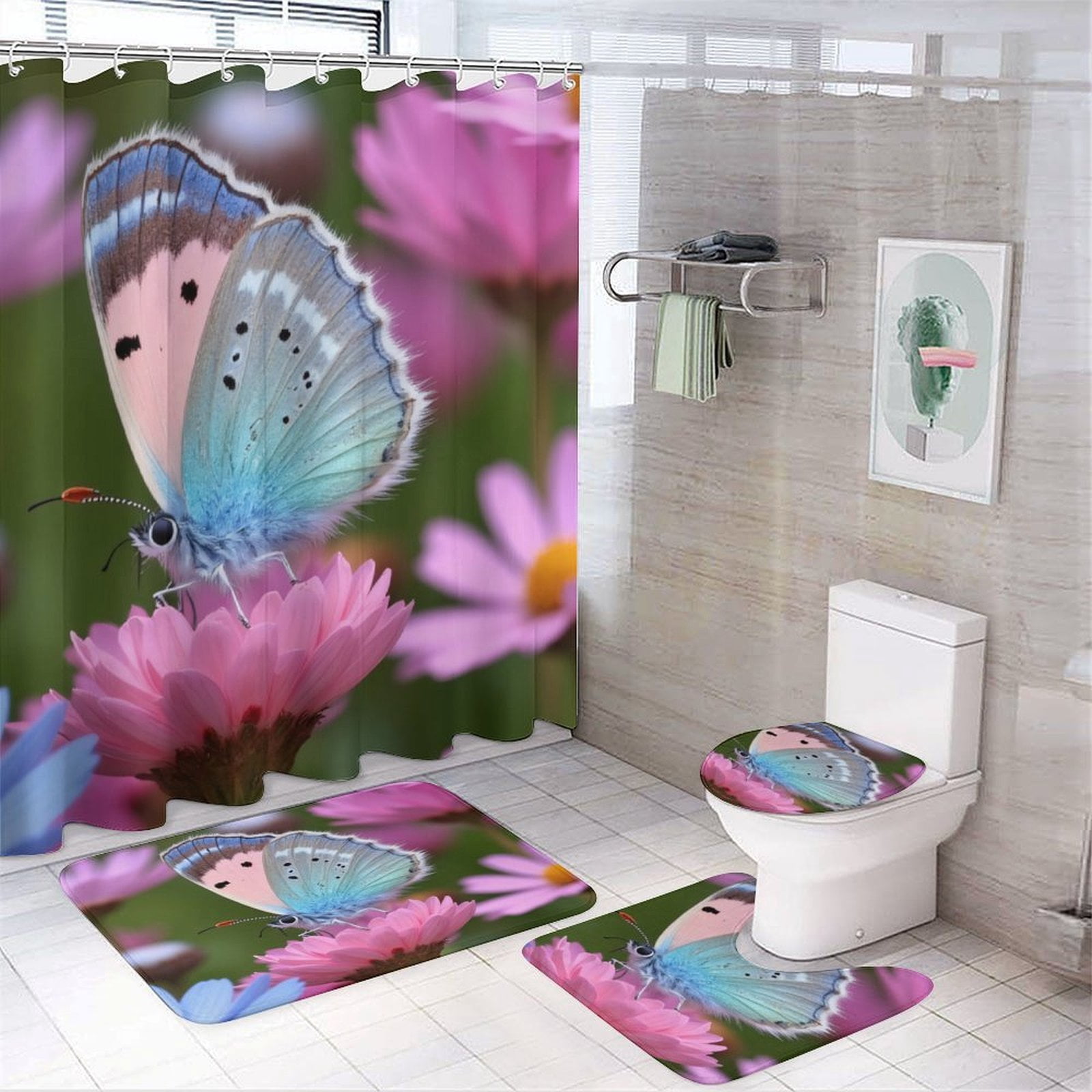 Butterfly Floral Print-1 Shower Curtain Bathroom Sets Toilet Lid Rug ...