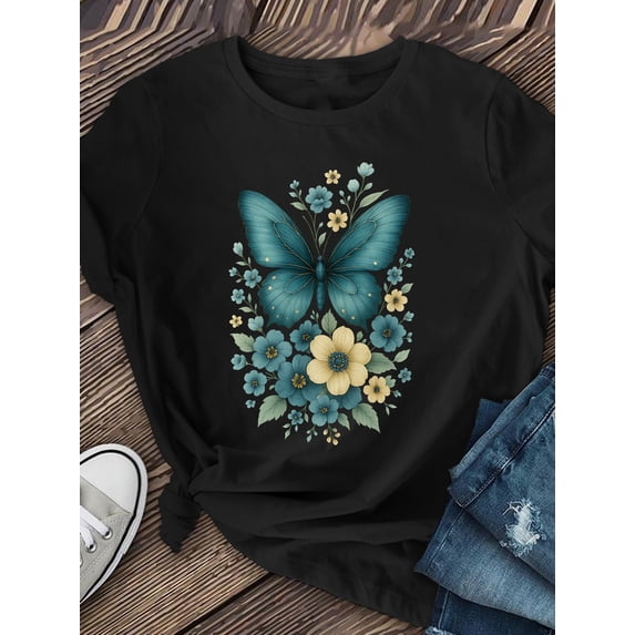 Butterfly Floral Print Graphic Tee for Women, Cute Nature Inspired Short Sleeve T-Shirt, Breathable Soft Casual Round Neck Top for Spring Summer Fall Daily Wear
