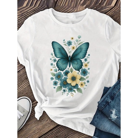 Butterfly Floral Print Graphic Tee for Women, Cute Nature Inspired Short Sleeve T-Shirt, Breathable Soft Casual Round Neck Top for Spring Summer Fall Daily Wear