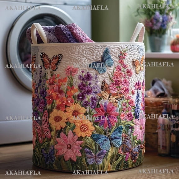 Butterfly Floral Quilted Laundry Basket, Wildflower Laundry Hamper, Cottagecore Laundry Room Decor, Colorful Storage Bin, Gift For Mom
