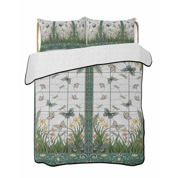 Butterfly Floral Quilts Bedding Set California King Retro Dragonfly Butterfly Flower Green Glass Window Lightweight Quilted Bedspread 3 Piece Bed Quilt with 2 Pillow Shams for Bedroom 96" x 106"