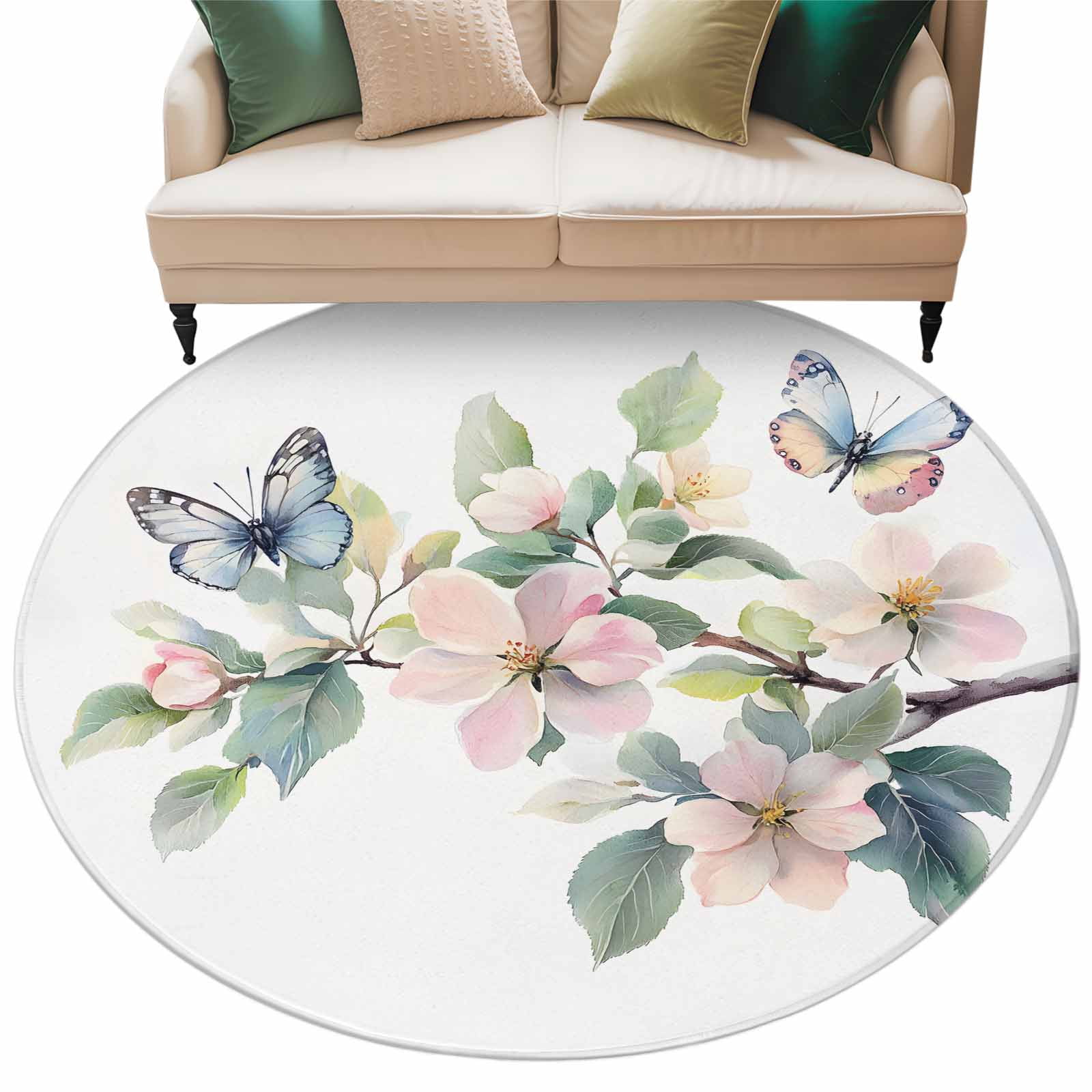 Butterfly Floral Round Area Rug 5ft Watercolor Pink Blue Butterflies ...