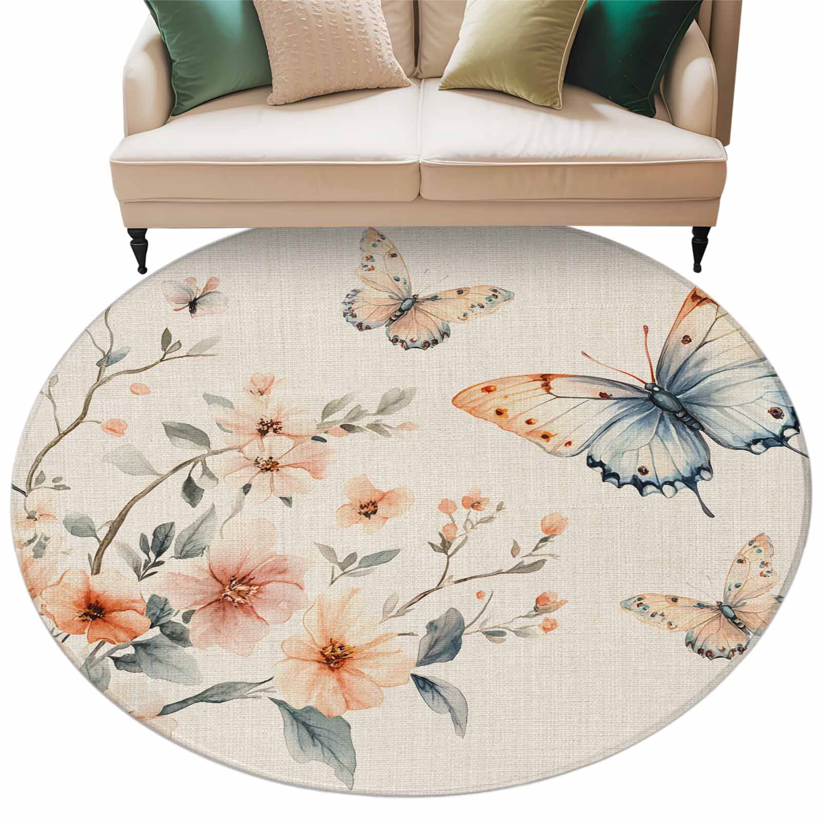 Butterfly Floral Round Area Rug 6ft Watercolor Blue Brown Butterflies ...