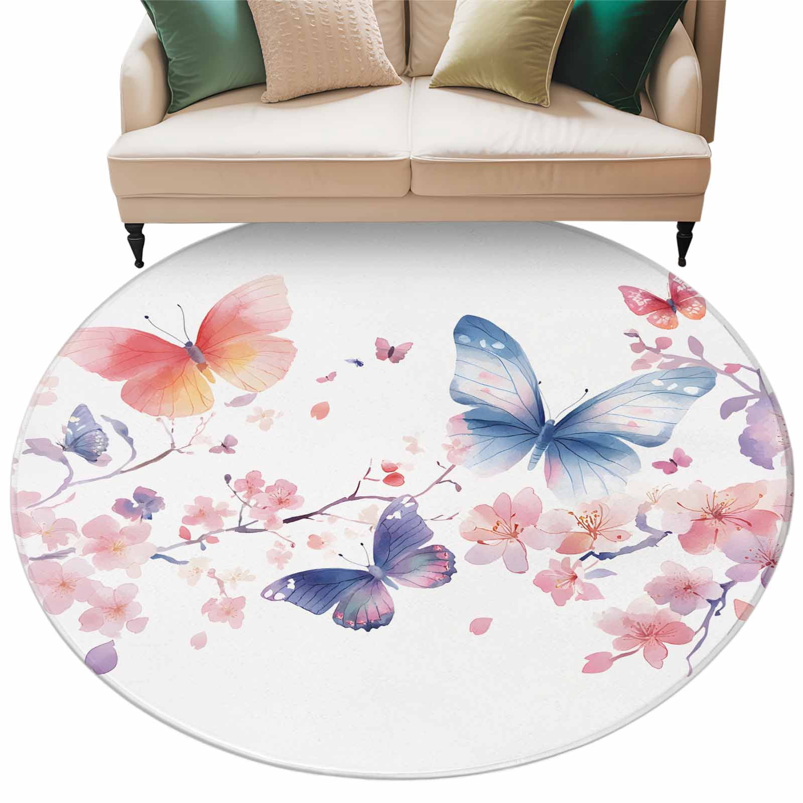 Pink Butterfly Rugs Butterfly Floral Round Area Rug 8ft Watercolor Pink Red Purple Flower ...