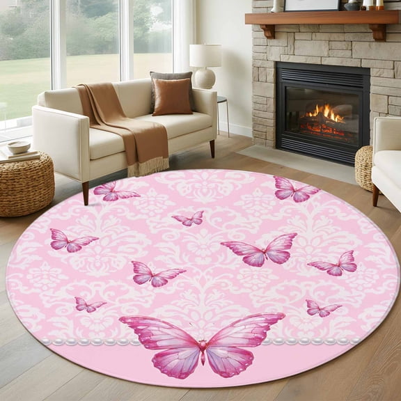 Butterfly Floral Round Rugs for Living Room 7ft Pink Floral Texture Butterflies Pearl Non Slip Circle Rug Washable Low-Profile Indoor Carpet for Bedroom, Dining Room, Bathroom