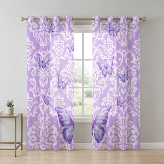 Butterfly Floral Sheer Curtains 63 Inch Long 2 Panels, Abstract Purple ...