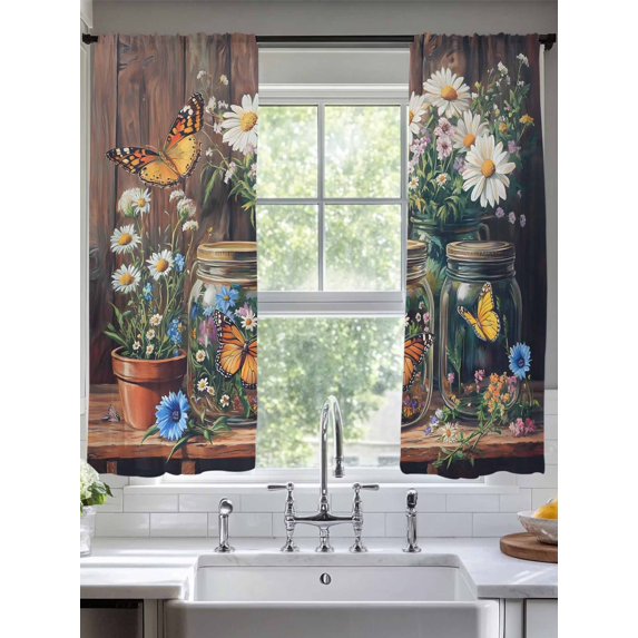 Butterfly Floral Sheer Curtains for Living Room Bedroom Country Daisy Wildflower Brown Barn Door Sheer Curtains 63 Inch Long 2 Panels Set Light Filtering Curtain Window Treatments Drapes