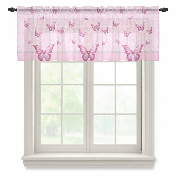 Butterfly Floral Sheer Valances for Windows, Pink Floral Texture Butterflies Pearl Semi Sheer Kitchen Valance Rod Pocket Small Voile Window Curtains for Living Room Bedroom 42 x 12 Inch
