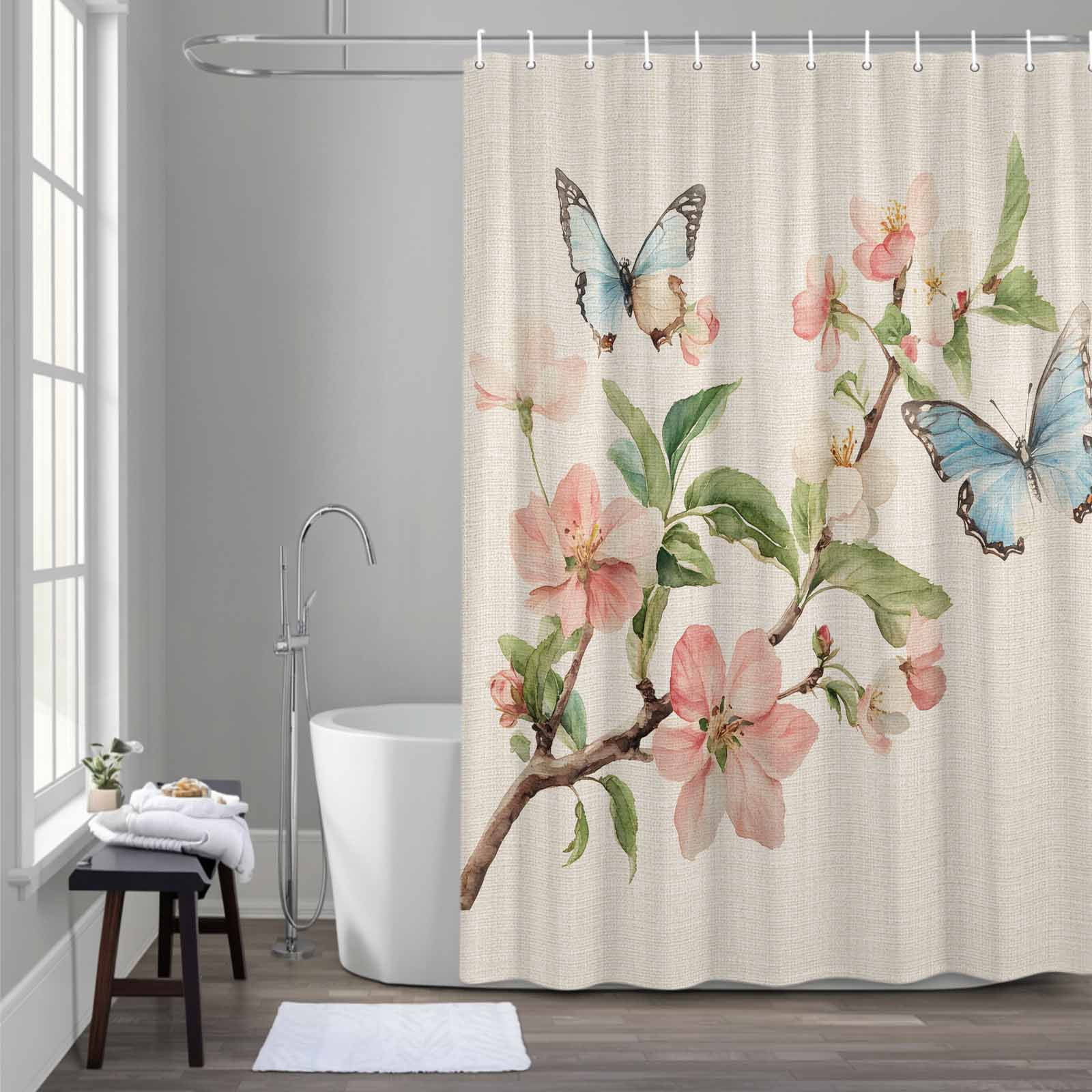 Butterfly Floral Shower Curtain for Bathroom Decor, Watercolor Pink ...