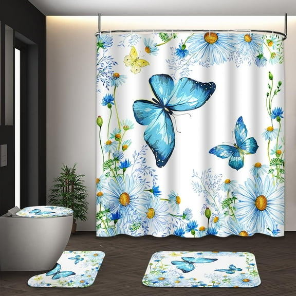 Butterfly Floral Shower Curtain Set with Toilet Lid Cover and Non-Slip Rugs, Blue Flowers 4 Pcs Shower Curtain for Bathroom, Spring Botanical Bathroom Decor Accessories Set