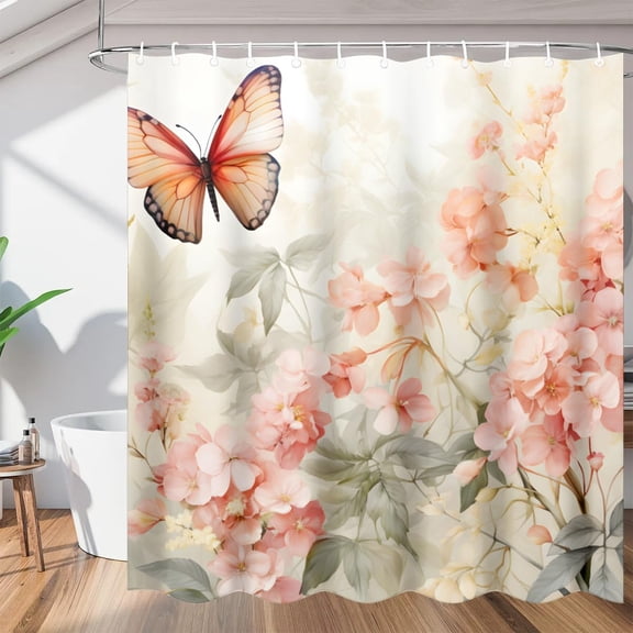 Butterfly Floral Shower Curtain, Waterproof Fabric Shower Curtain, Washable Polyester Bath Curtain for Bathroom Decor 36"W X 72"H