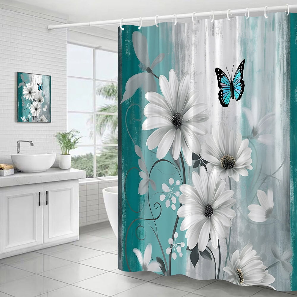 Butterfly Floral Shower Curtains White Daisy Flower Blue Grey Grunge