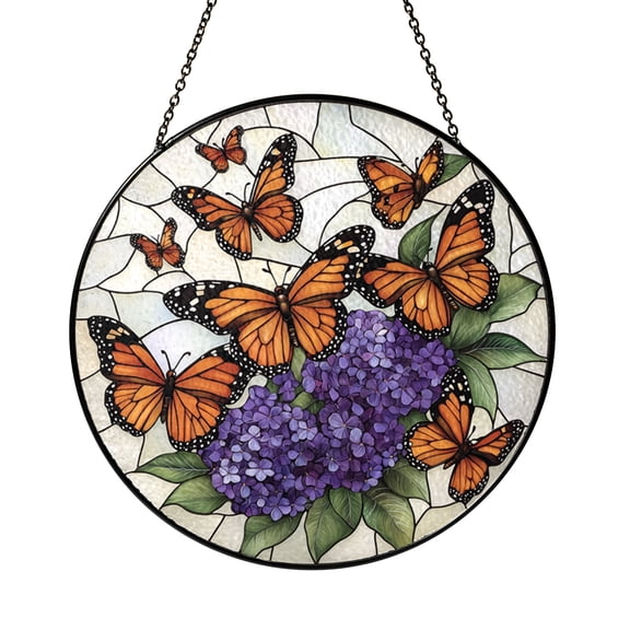 Butterfly Floral Stained Glass Suncatcher Monarch Design Window Hanging Decor Colorful Garden Art