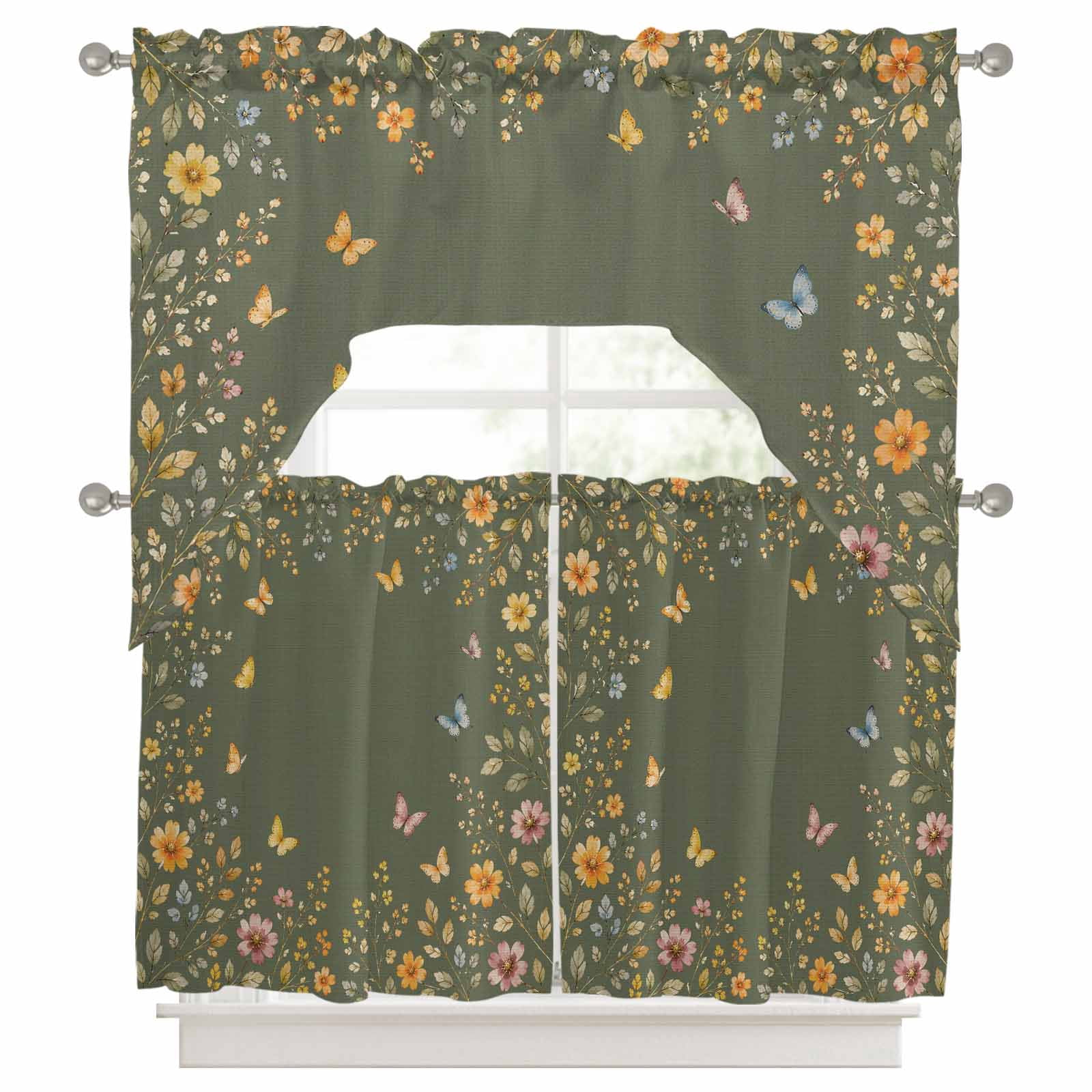 Butterfly Floral Swag and Tier Curtains Set, Rustic Pink Yellow Flower ...