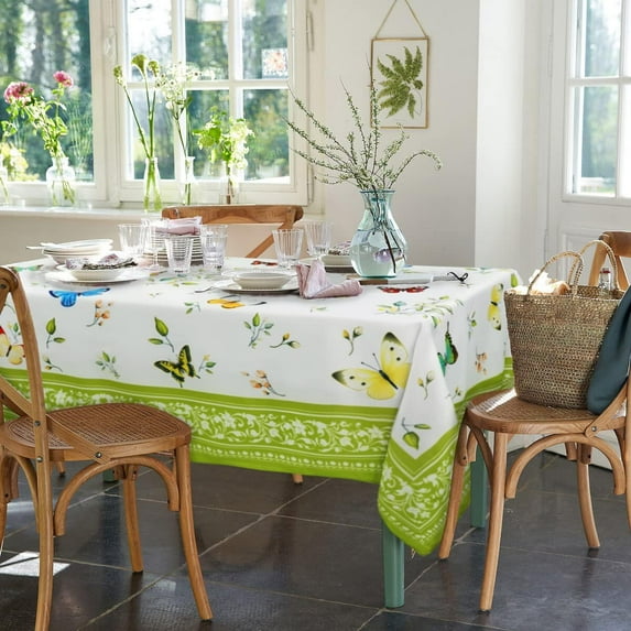 Butterfly Floral Tablecloth, Spring/Summer Tablecloth, Green Tablecloth, Print Floral Tablecloth, Fabric Spring/Summer Waterproof Wrinkle Free Durable Floral Tablecloth For Rectangle Tables 60 X 102