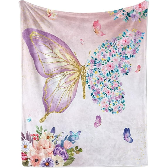 Butterfly Floral Throw Blanket Gifts for Girls, Watercolor Butterfly Flowers Soft Cozy Flannel Blanket for Kids, 40 x 50 Inch Pink Purple Butterfly Spring Fuzzy Blanket for Women Couch Bed Bedroom