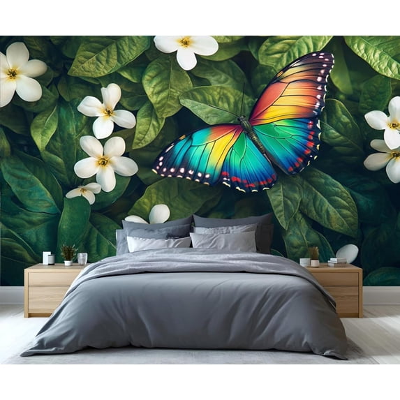 Butterfly Floral Wall Murals For Bedroom - Floral Botanical Murals, White Flower Wall Mural For TV Background, Butterfly Large Mural 98.4"W x 68.9"H (Not Peel and Stick)