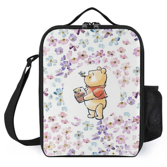 Butterfly Floral Winnie The Pooh Waterproof Lunch Bag with Adjustable Shoulder Strap, Portable Thermal Insulation Cold Preservation Dinner Bag Lunch Box