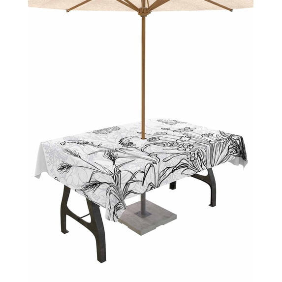 Butterfly Flower Art Black White Rectangle Tablecloth with Zipper,Waterproof Table Cloth with Umbrella Hole Patio Tablecloths for Outdoor Tables,Simple Style Floral Plants Spillproof Table Cover