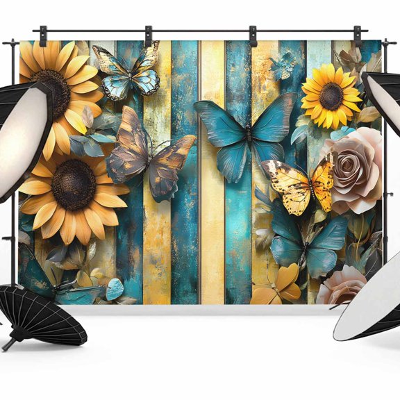 Butterfly Flower Backdrop for Photoshoot,Photography Photo Studio Background Wall Backdrop,Yellow Teal Vertical Striped Vintage Back Drop Banner Panel for Portraits Wedding Live Streaming 12x8Ft