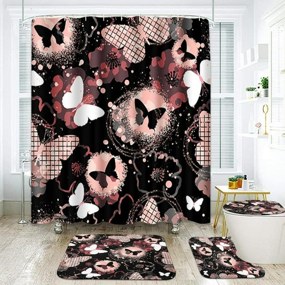 Butterfly Flower Black Bathroom Set with Shower Curtain and Rugs and Accessories, Pink Children Girl Geometric Shower Curtain Set,Floral Shower Curtain for Bathroom Decor 4 Pcs