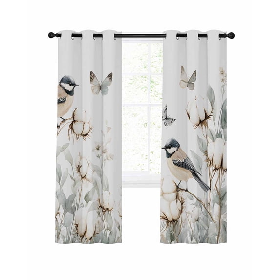 Butterfly Flower Blackout Curtains 63 Inches Long for Bedroom, Cotton Rustic Watercolor Leaf Floral Thermal Insulated Room Darkening Black Out Window Curtain Panels Grommet Drapes for Living Room